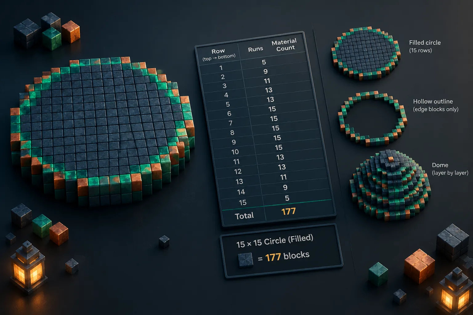 Close-up of a row-run table beside a voxel circle