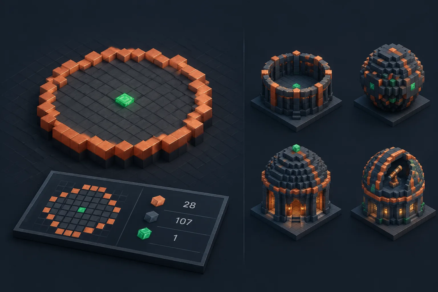 Isometric voxel diorama of a 15-block circle laid out row by row on a dark studio grid