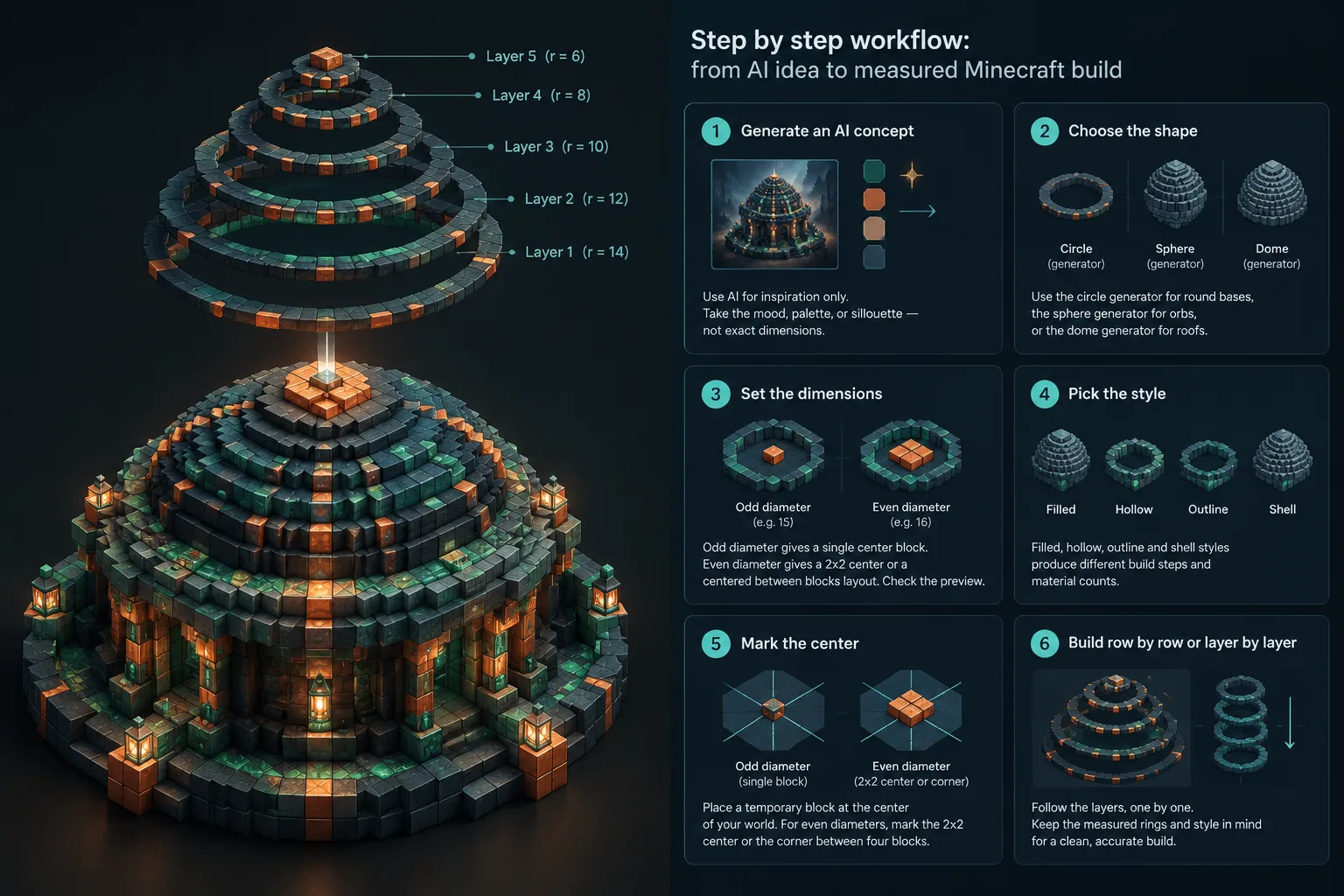 Isometric dome layer plan with measured rings and copper accent blocks on a dark studio background