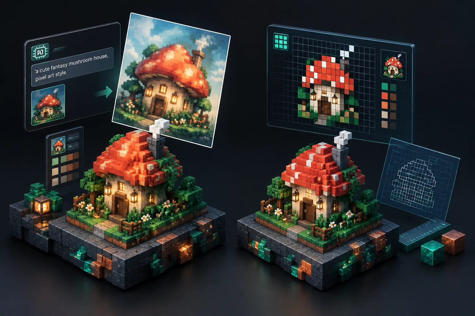 Isometric voxel diorama comparing a soft AI-generated sprite against a sharp 32x32 deterministic pix
