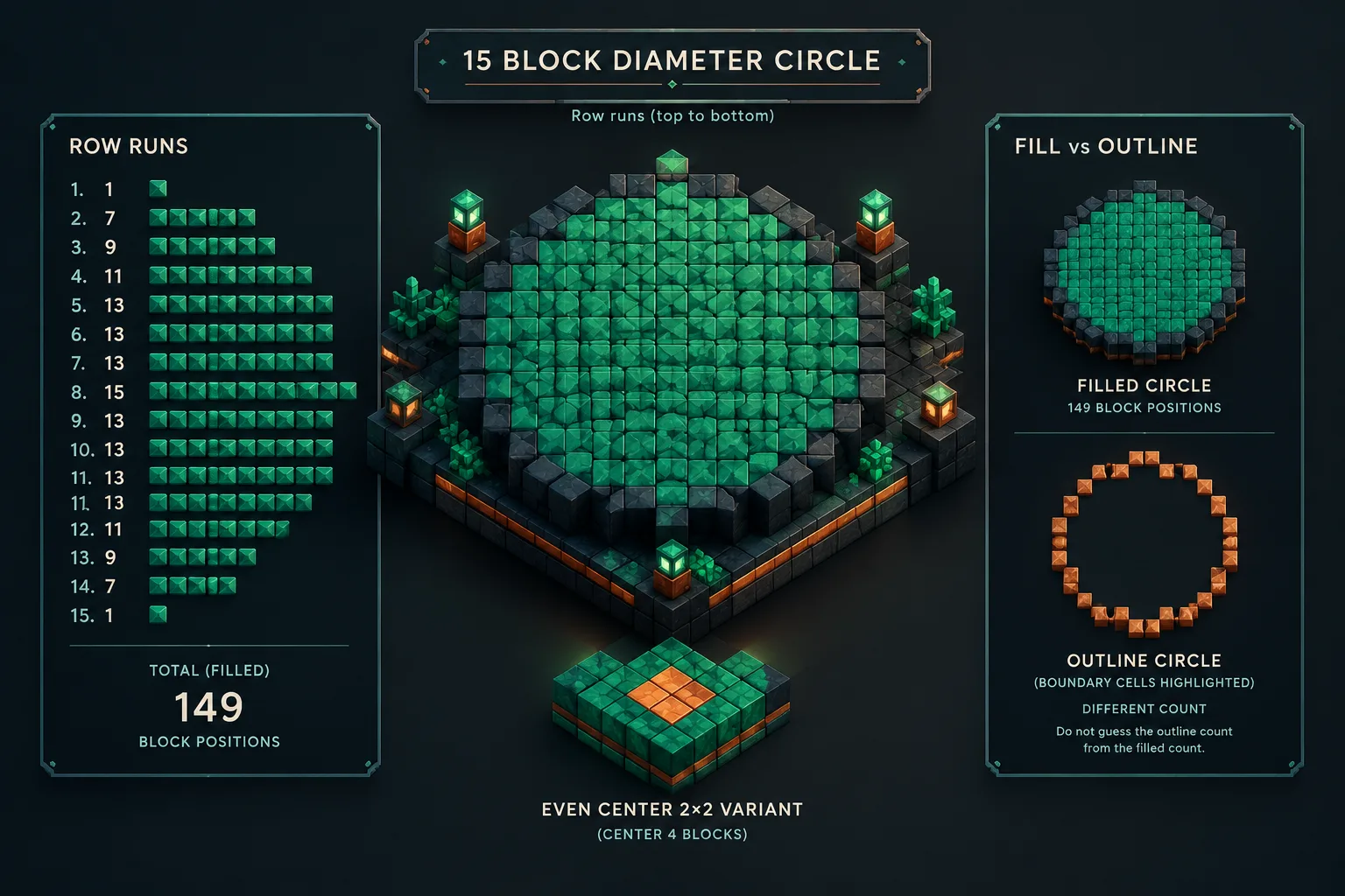 Cross-section diagram of a 15-block diameter circle showing row runs and an even-center 2x2 variant