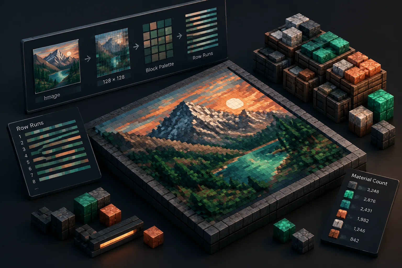 Isometric voxel diorama of a 128x128 map art canvas