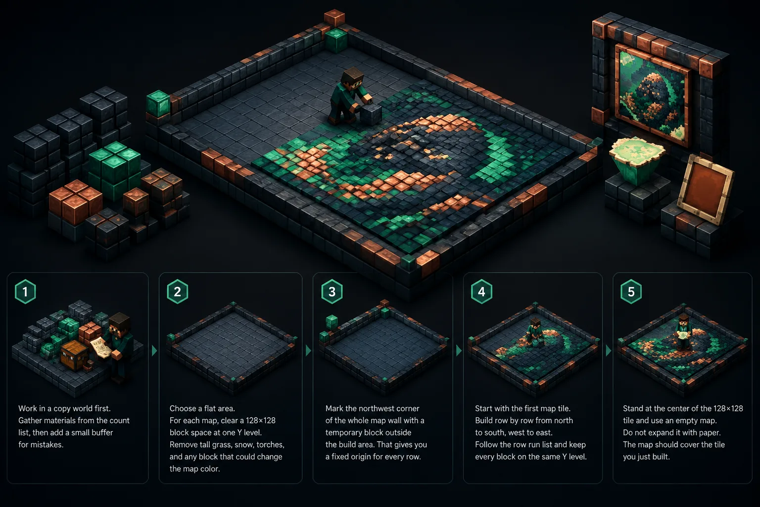 Isometric voxel diorama of a builder placing blocks in rows on a flat map art area