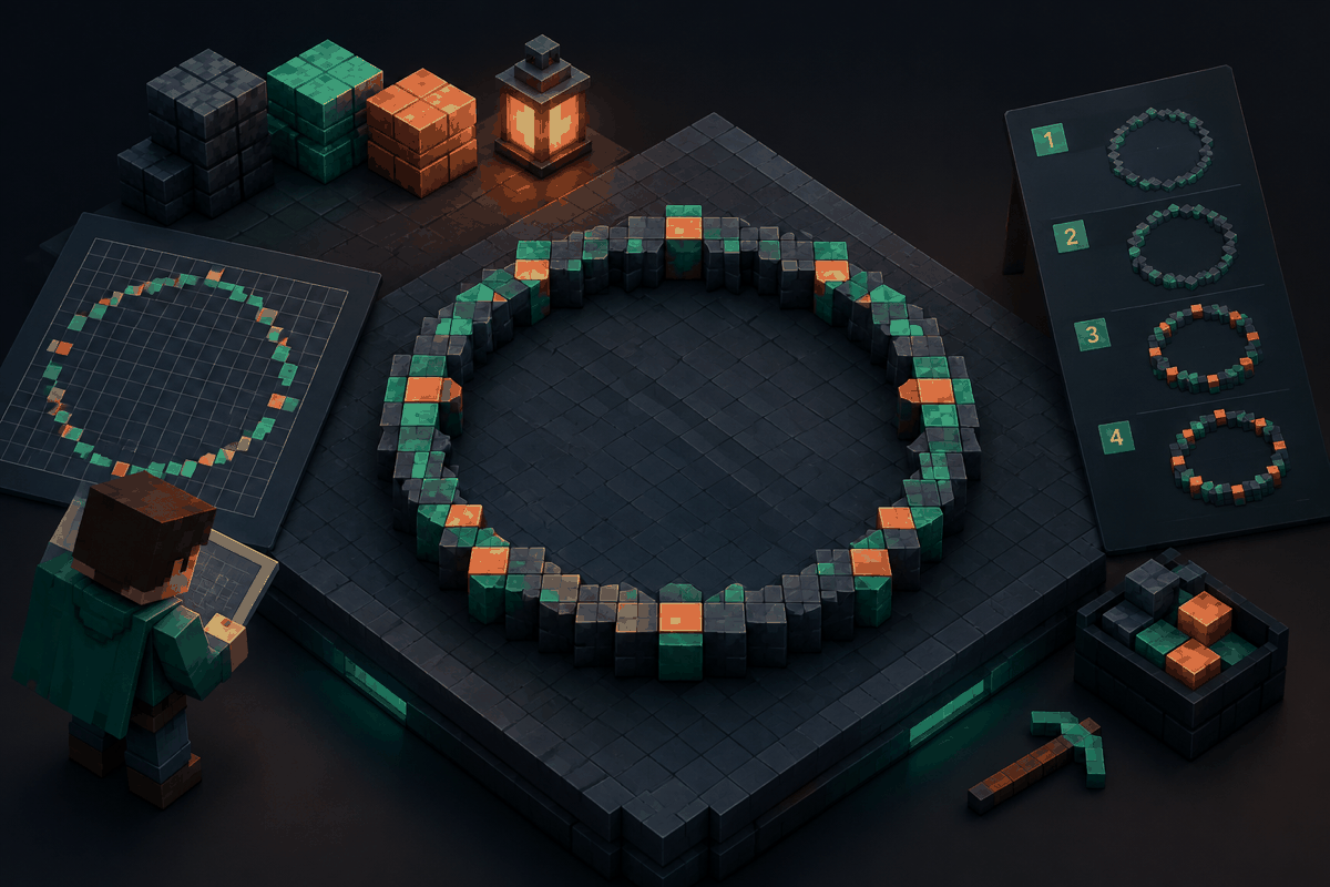 Overhead view of an original block layout on a dark builder workbench