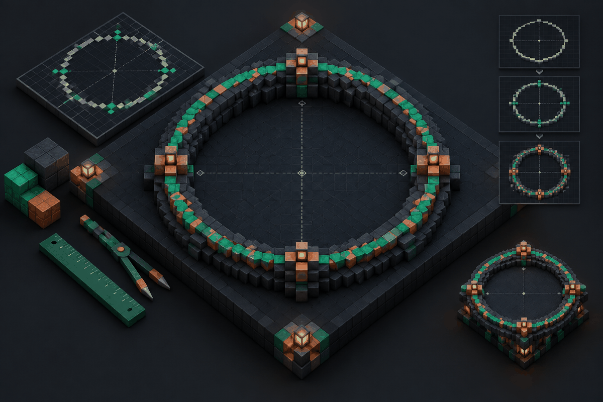 an original block-based circular layout on a dark builder workbench