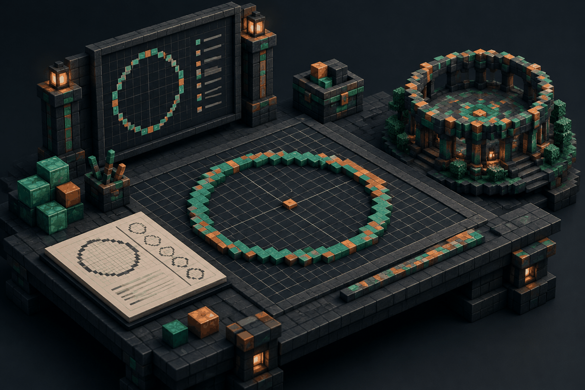 a measured block circle layout on a dark builder workbench