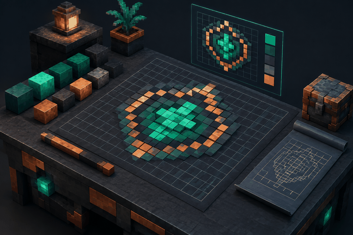 original abstract block grid blueprint on a dark builder workbench