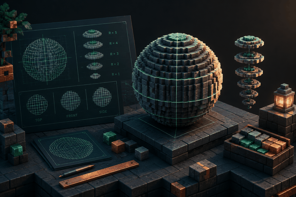 original editorial illustration of a measured block sphere blueprint on a dark builder workbench