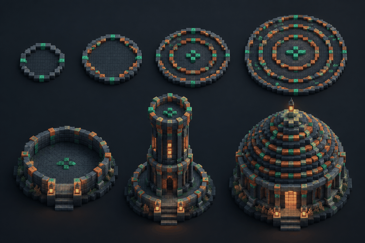 overhead view of several abstract circular block patterns