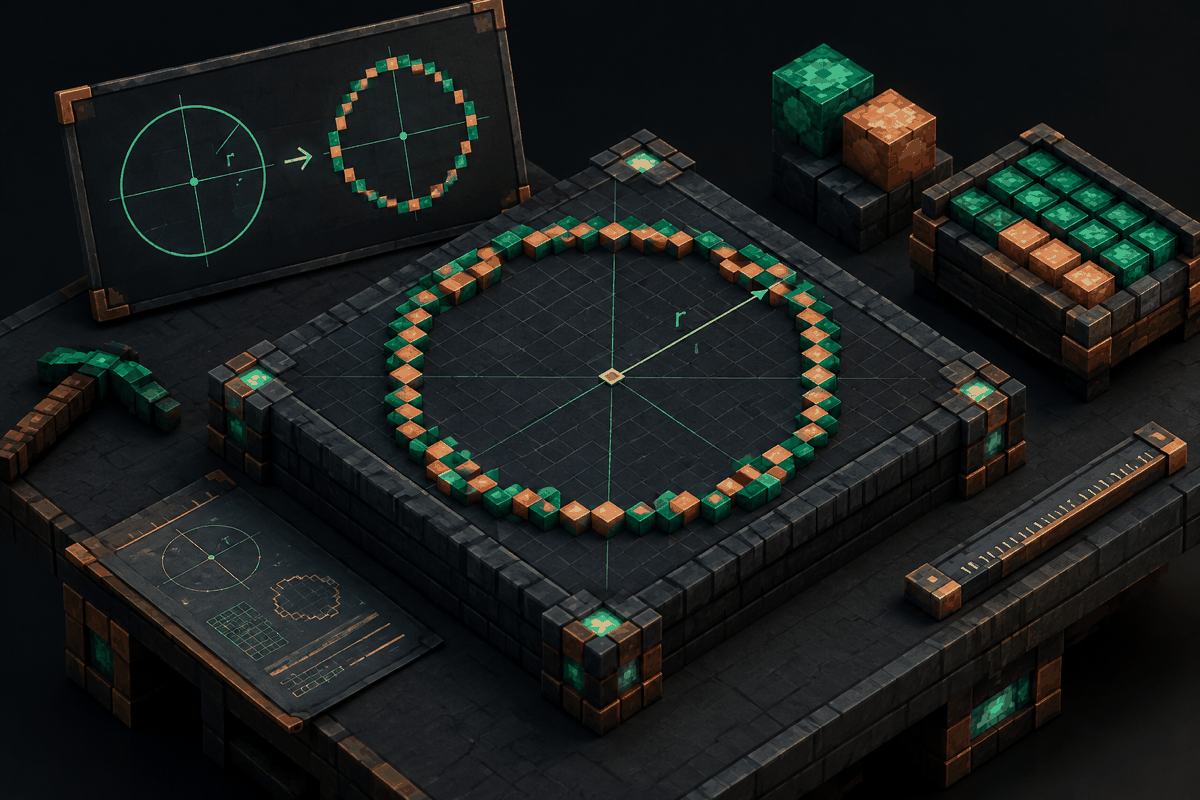 a measured circular block layout on a dark builder workbench