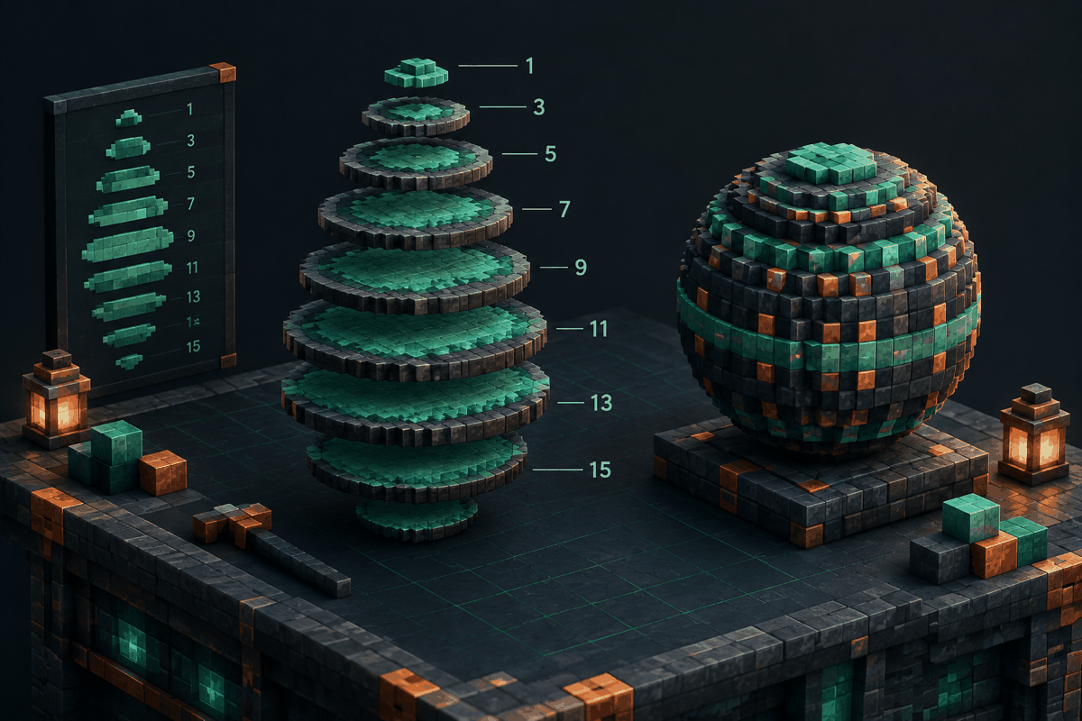 Top-down measured block sphere layers displayed on a dark builder workbench